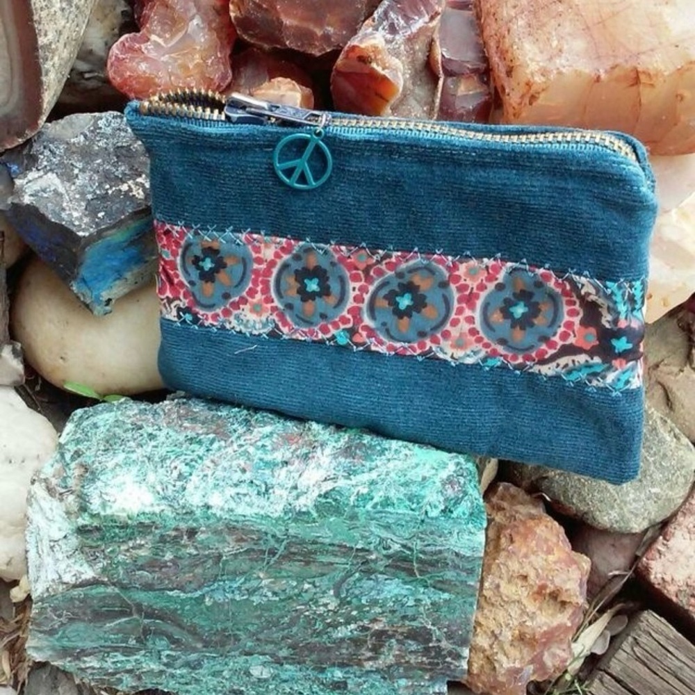 Handmade Turquoise Corduroy Pattered Zippered Pouch